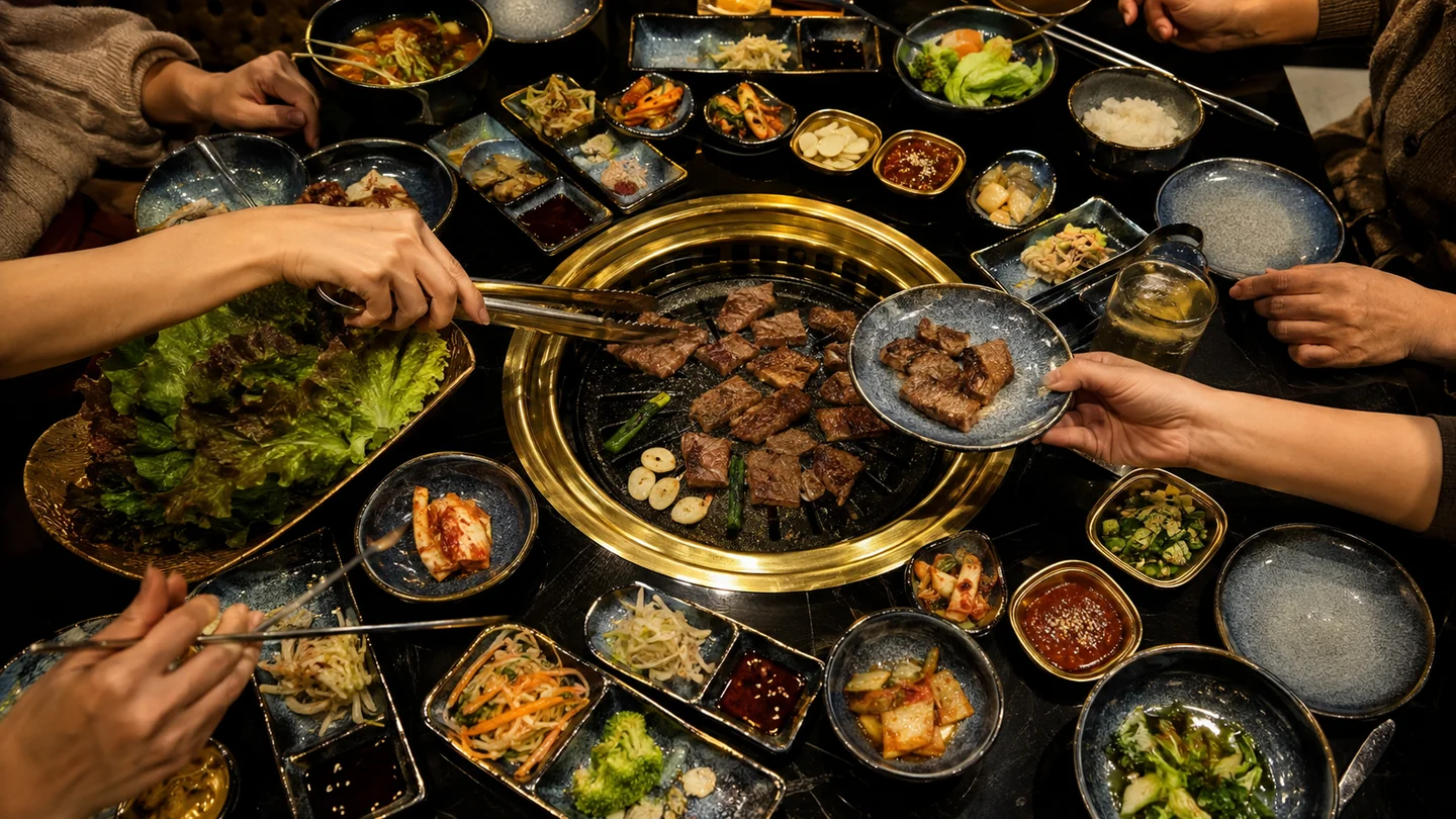 Friends sharing a Korean barbecue meal — conceptual image