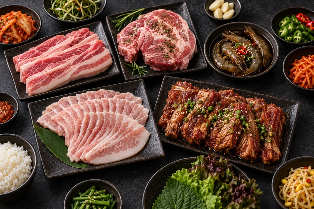 Pork jowl · ribs · soy-marinated shrimp · beef bulgogi