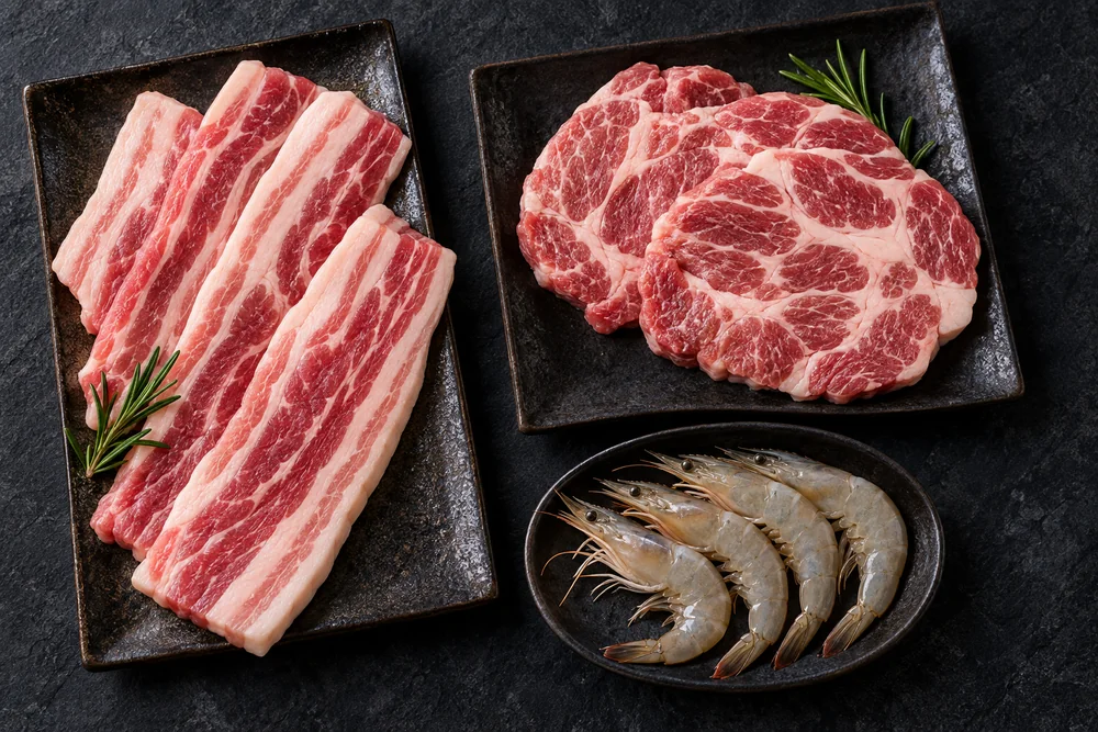 Pork belly · collar · shrimp · japchae